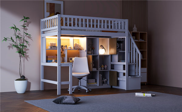 English Elm Wood Twin Loft Bed with Built-In L-Desk, LED Lighting, Staircase Storage, Shelves & Cabinets White N7090000470K