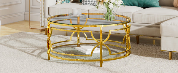 English Elm Round Tempered Glass Coffee Table with Gold Geometric Metal Base and Open Storage Shelf Transparent N735P396530K