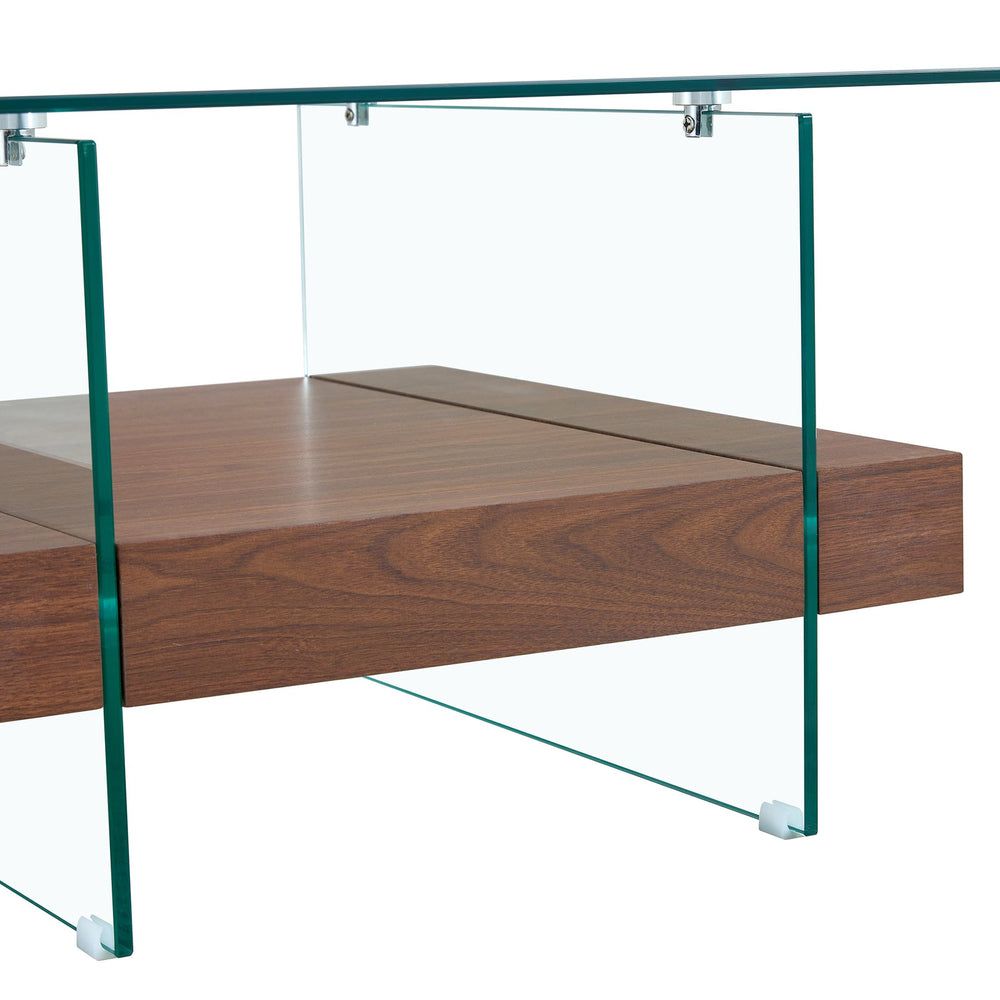 English Elm 31.4 Modern Two-Tier Square Coffee Table with Tempered Glass Top & Walnut Shelf — Stylish Storage W1512P407505