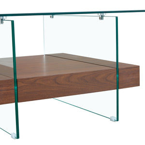 English Elm 31.4 Modern Two-Tier Square Coffee Table with Tempered Glass Top & Walnut Shelf — Stylish Storage W1512P407505