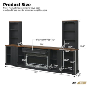 English Elm 3-piece Farmhouse Entertainment Center with Curved Cabinets Walnut Mdf Modular Living Room Black N721S000072B