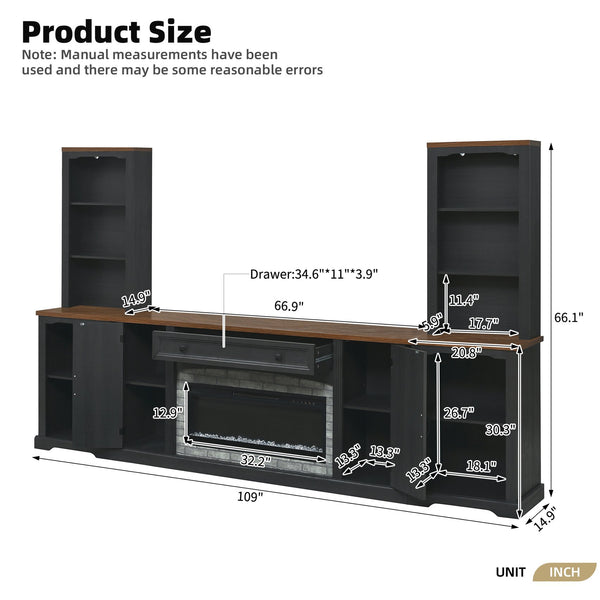 English Elm 3-piece Farmhouse Entertainment Center with Curved Cabinets Walnut Mdf Modular Living Room Black N721S000072B