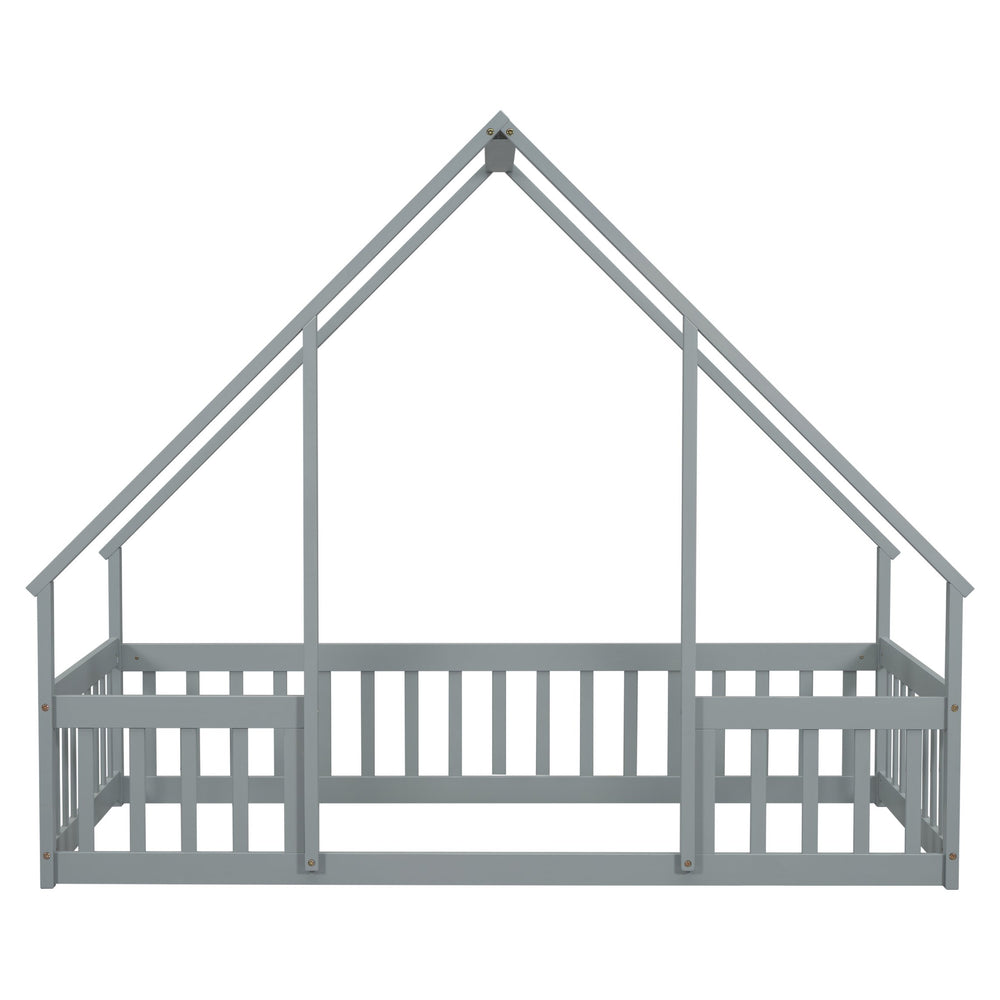 English Elm Twin Wood House-Shaped Floor Bed with Fence and Guardrails – Playful Pine Frame for Imaginative Kids Retreat Grey W504P143289