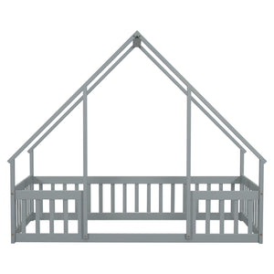 English Elm Twin Wood House-Shaped Floor Bed with Fence and Guardrails – Playful Pine Frame for Imaginative Kids Retreat Grey W504P143289