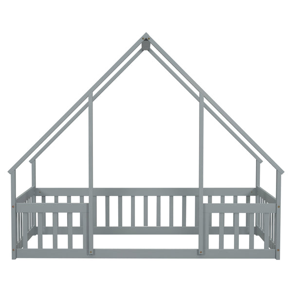 English Elm Twin Wood House-Shaped Floor Bed with Fence and Guardrails – Playful Pine Frame for Imaginative Kids Retreat Grey W504P143289