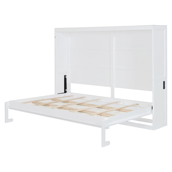 English Elm Full Size Murphy Wall Bed with Rattan Panel Cabinet for Studio and Guest Rooms White N708S00011K-2