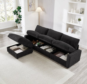 English Elm 103.54" L-shaped Modular Sectional with Ottoman Storage Polyester Cloud Sofa Black W1669S00052