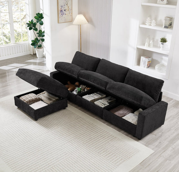 English Elm 103.54" L-shaped Modular Sectional with Ottoman Storage Polyester Cloud Sofa Black W1669S00052