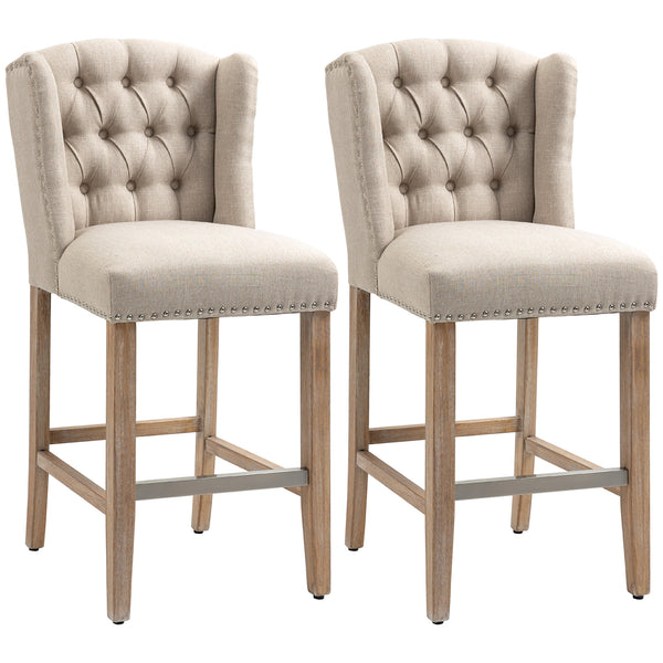 English Elm HOMCOM 26.75" Counter Height Bar Stools Set of 2 Beige Linen Cushioned Seats Solid Wood Legs, 264 lb W2225P173997