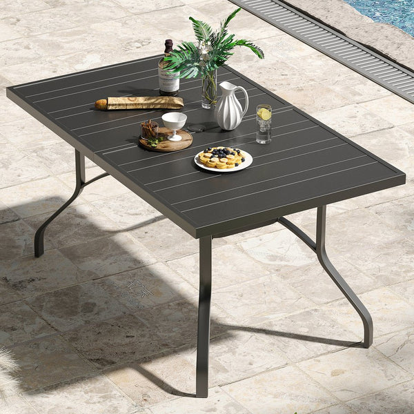 English Elm Outdoor Powder-coated Metal Dining Table with Slatted Top and Umbrella Hole for Patio T3623P436830