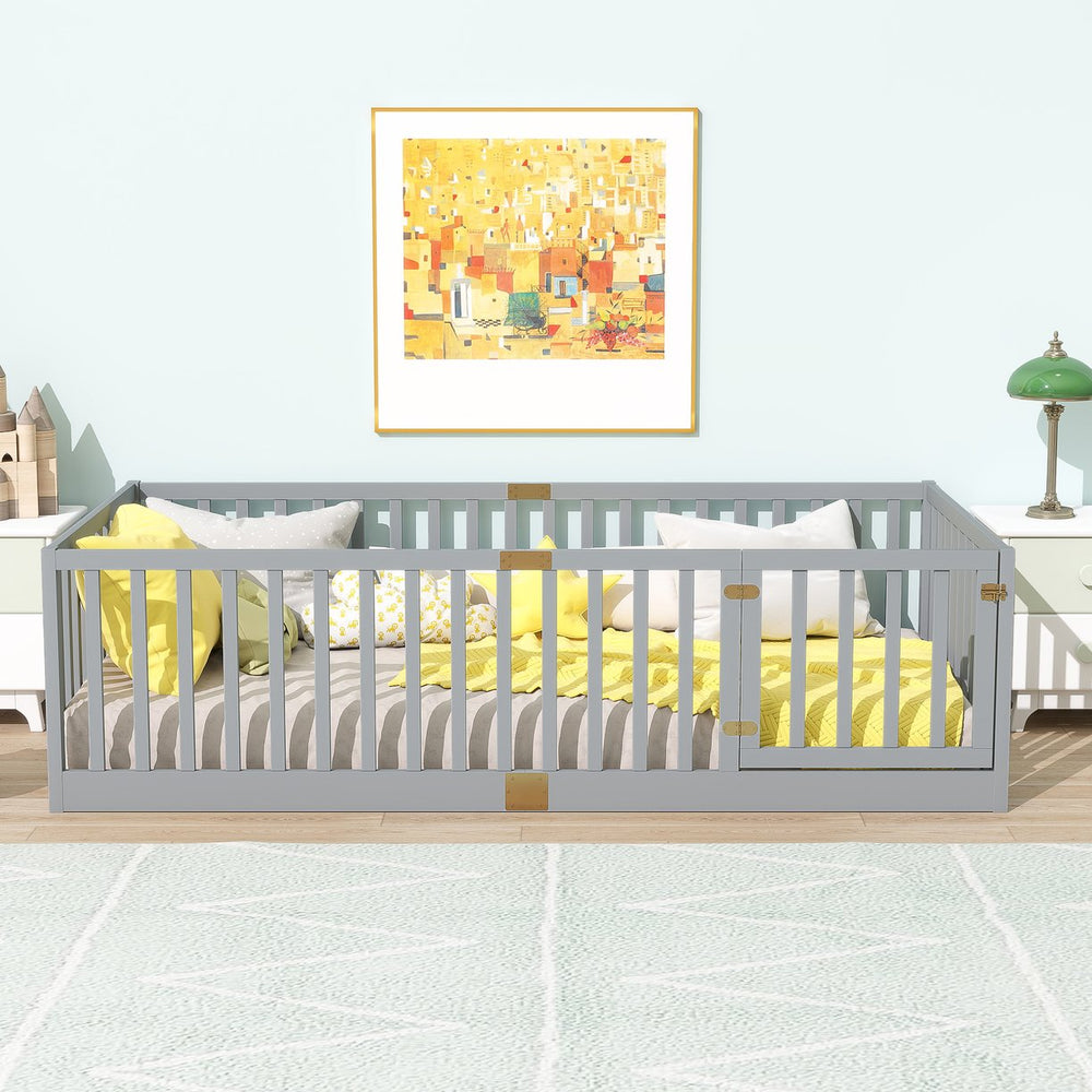 English Elm Twin House Frame Floor Bed Rubberwood with Roof Canopy and Safety Rails for Kids Grey W504P429537