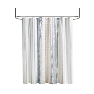 JLA Home INK+IVY - Cotton Imani Aztec Printed Shower Curtain with Chenille Stripe Trim — Boho Texture, OEKO‑TEX Certified Comfort White/Navy II70-1319