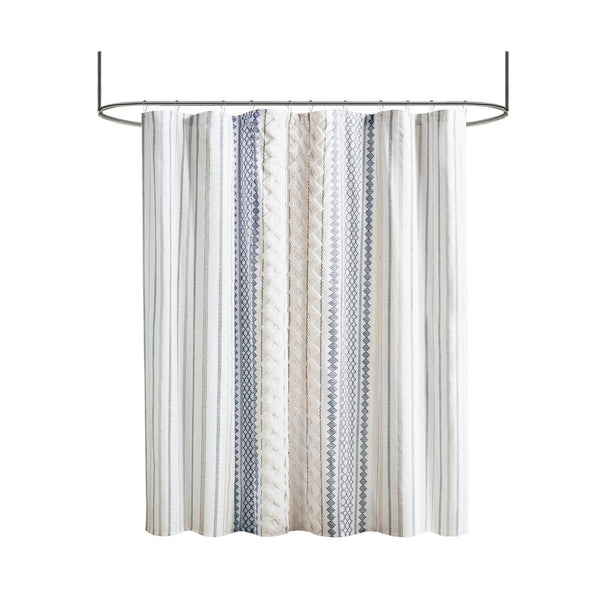 JLA Home INK+IVY - Cotton Imani Aztec Printed Shower Curtain with Chenille Stripe Trim — Boho Texture, OEKO‑TEX Certified Comfort White/Navy II70-1319