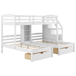 English Elm Twin Triple Bunk Bed White Pine Frame with Staircase Storage Drawers and Built Shelves GX000324AAK-1