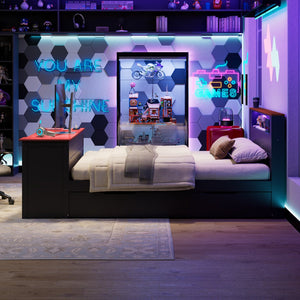 English Elm Full Size Wood Platform Daybed with Trundle Desk Rgb Led Lighting Gaming Bedroom Black+Red LT000284AAR