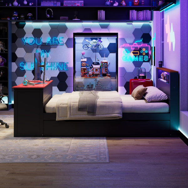 English Elm Full Size Wood Platform Daybed with Trundle Desk Rgb Led Lighting Gaming Bedroom Black+Red LT000284AAR