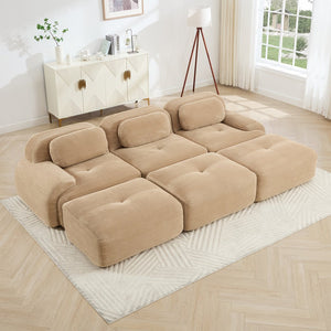 English Elm Three-seat Modular Corduroy Sectional Sofa with Ottomans for Living and Media Rooms Camel W714S01242