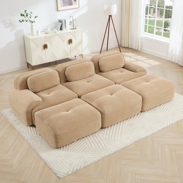 English Elm Three-seat Modular Corduroy Sectional Sofa with Ottomans for Living and Media Rooms Camel W714S01242