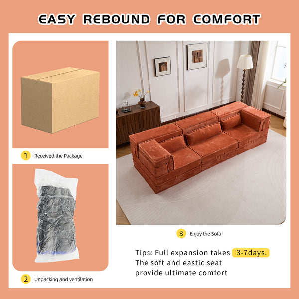 English Elm Compression Modular Sofa Bed - Oversized Convertible Sectional With Plush Fleece & 3 Pillows, Orange W3723S00018