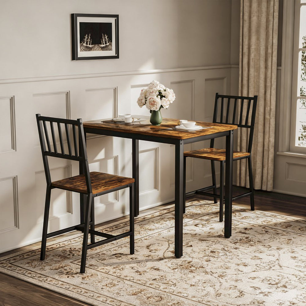 English Elm Dining Table Set 3 Piece Industrial Steel Frame with Melamine Top for Kitchen Nook Rustic Brown W1162P424861
