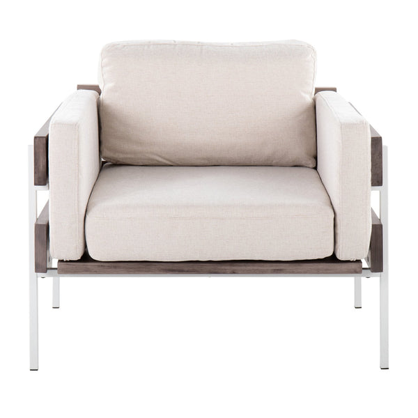 English Elm Accent Chair Farmhouse Style with Cream Upholstery Grey Wood and White Metal Base B202S02194