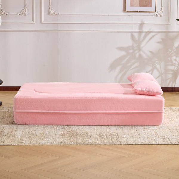 English Elm 71-inch plush folding sofa bed with high-density foam, faux fur futon convertible for guests and yoga Pink W1829P362300