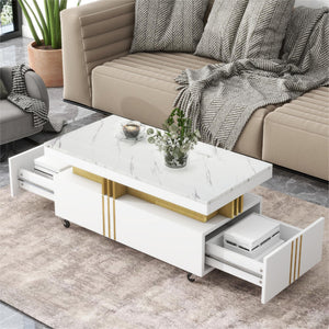 English Elm Faux Marble Rectangular Coffee Table with Gold Bars Drawers and Caster Wheels White WF305961AAK
