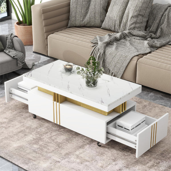 English Elm Faux Marble Rectangular Coffee Table with Gold Bars Drawers and Caster Wheels White WF305961AAK