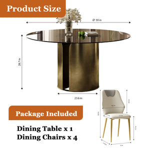 English Elm 59-Inch Modern Round Dining Table Set With Dark Brown Glass Top & Antique Copper Steel Legs For Stylish Dining W509S00146