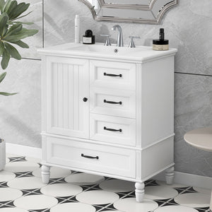 English Elm 30" Bathroom Vanity With Sink, Bathroom Cabinet With A Door, Three Drawers, Solid Wood Legs & Mdf Board, Adiustable Foot Pads, White