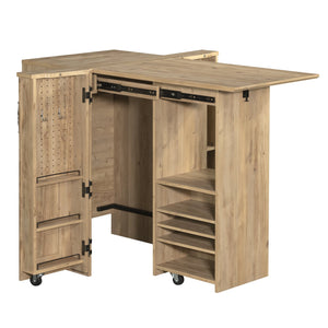 English Elm Craft Station with Drop-Leaf Extension, Brown Khaki Pine Finish — Compact Crafting Workstation w/ Storage B356P402737