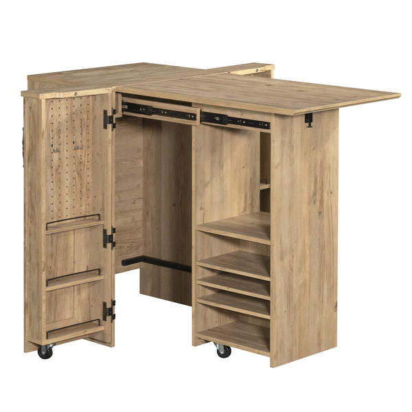 English Elm Craft Station with Drop-Leaf Extension, Brown Khaki Pine Finish — Compact Crafting Workstation w/ Storage B356P402737