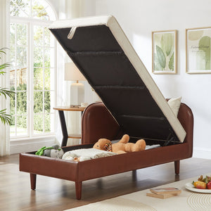 English Elm 65" Velvet Storage Chaise Lounge with Pu Leather Panels Eucalyptus Frame Accent Seat Brown+Beige W1097P434115