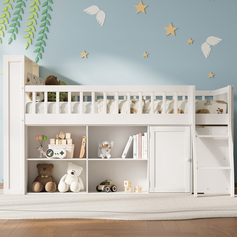 English Elm Full Size Kids Loft Bed with Led Headboard Open Shelving and Natural Wood Frame White N7090005024K