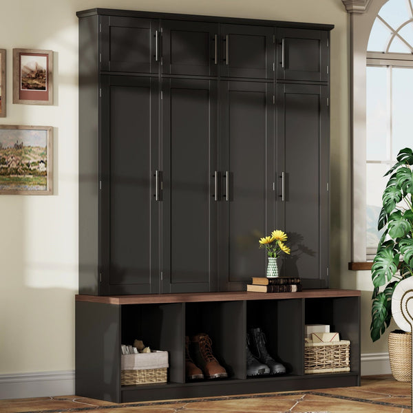 English Elm Farmhouse Hall Tree with Triple Arch Back Panel Eight Hooks Drawers and Entryway Bench Black N721S000059B-1