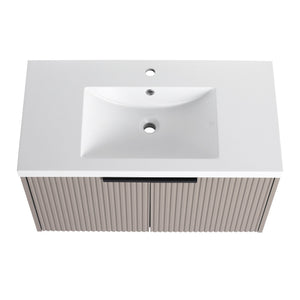 English Elm 36" Floating Bathroom Vanity with Resin Sink, Wavy Doors, Dual Soft-Close Cabinets, Plywood Durable Finish W999P293173