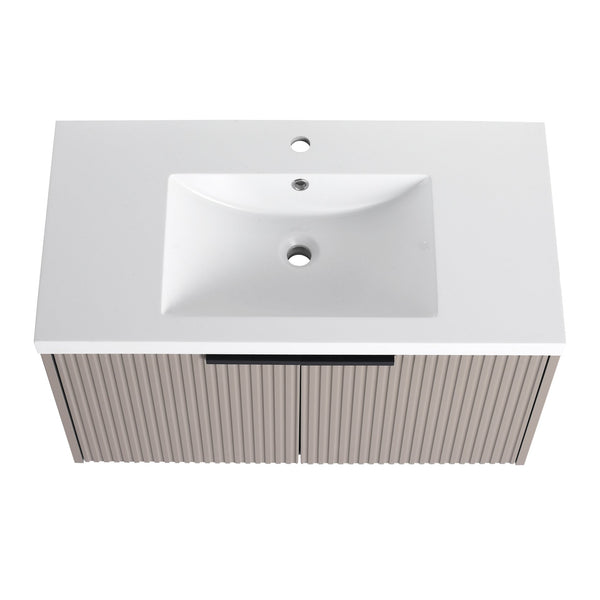 English Elm 36" Floating Bathroom Vanity with Resin Sink, Wavy Doors, Dual Soft-Close Cabinets, Plywood Durable Finish W999P293173
