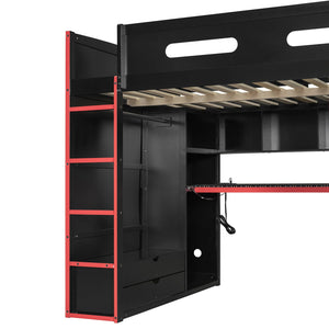 English Elm Full Size Gaming Loft Bed with Rgb Lighting Desk Wardrobe and Built-in Storage Red LT100261AAR