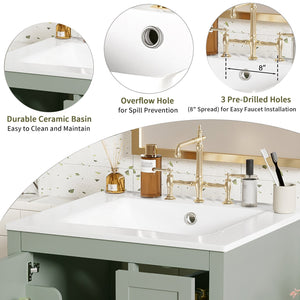 English Elm Modern 24 Inch Bathroom Vanity Solid Wood Cabinet with Ceramic Sink and Soft Close Storage Green N729P292859F