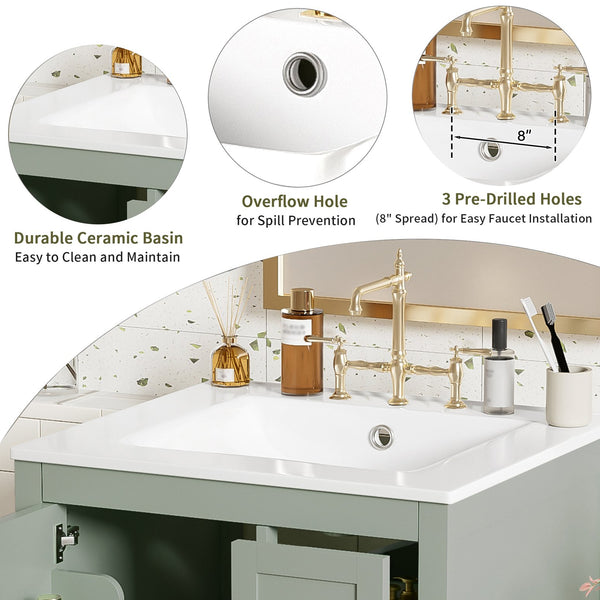 English Elm Modern 24 Inch Bathroom Vanity Solid Wood Cabinet with Ceramic Sink and Soft Close Storage Green N729P292859F