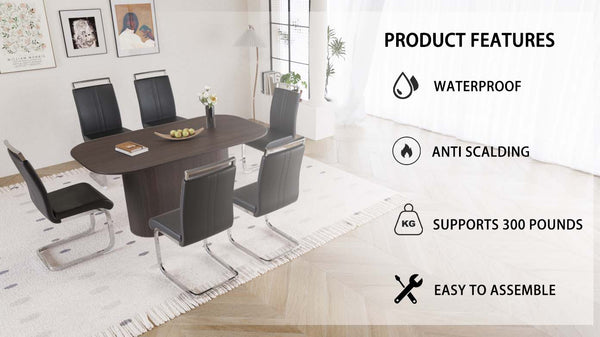 English Elm 63" Mid-Century Modern Brown Mdf Dining Table With 6 Armless Pu Chairs For Stylish Home & Kitchen W2189S00678