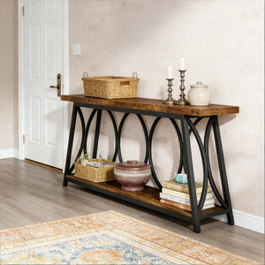English Elm Hall Console Table Industrial Rustic Two Tier Wood Tone Metal Frame Entryway Sofa T3971P452060