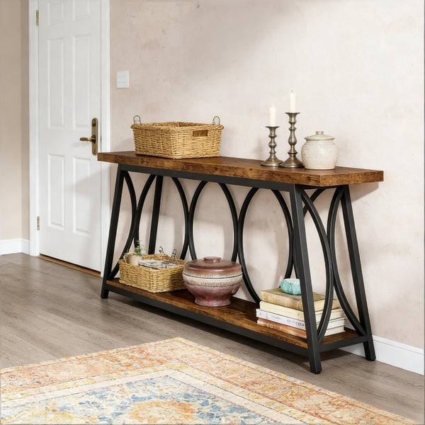 English Elm Hall Console Table Industrial Rustic Two Tier Wood Tone Metal Frame Entryway Sofa T3971P452060