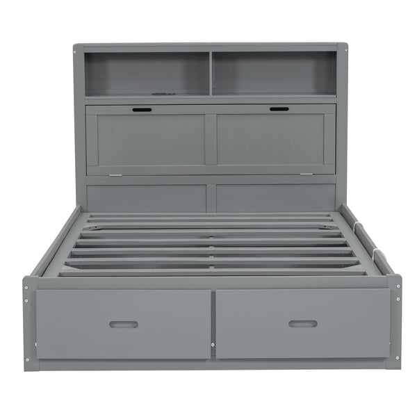 English Elm Wood Queen Size Hydraulic Platform Bed with LED Headboard, Charging Station, Hidden Storage Drawers and Shelves Gray GX000372AAE