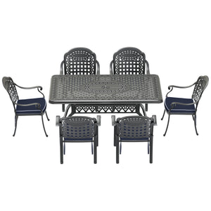English Elm 7-piece Cast Aluminum Outdoor Dining Set with Carved Petal Motifs and Weather Cushions W1710S00591