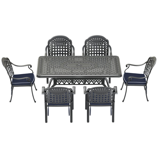 English Elm 7-piece Cast Aluminum Outdoor Dining Set with Carved Petal Motifs and Weather Cushions W1710S00591