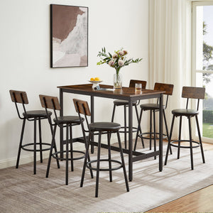 English Elm Pub Industrial Style 7-Piece High Dining Set with Steel Frame, PU Padded Bar Chairs, Adjustable Feet Rustic Brown W1668P193691