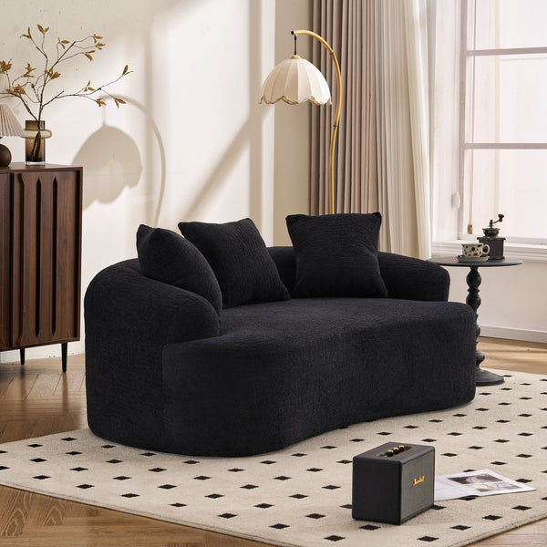 English Elm LY-025S Black Curved Loveseat — Chenille Velvet, 30D Foam & Spring Comfort, No Assembly, 65" Compact Sofa with 3 Pillows W2231P329643