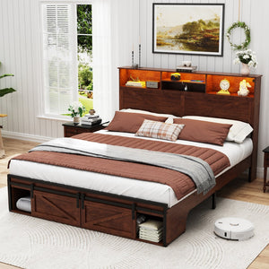 English Elm Farmhouse Queen Bed with Storage Headboard Led Lighting and Built in Charging Station W1550P343688