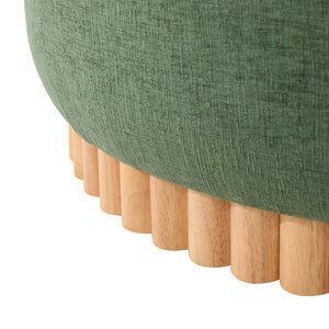 English Elm 29" Round Boucle Storage Ottoman Sculptural Wood Base Reversible Lid Living Room Green N723P405304G